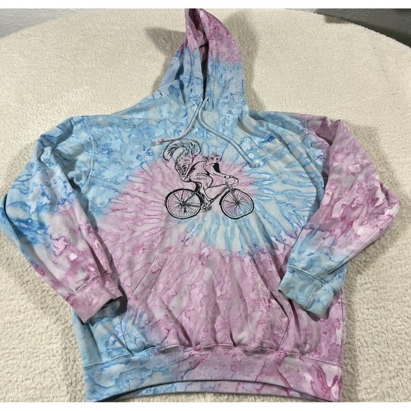 Exist Hoodie Mens Large Tye Dye Blue Pink Squirrel On Bike Graphic - Picture 1 of 9
